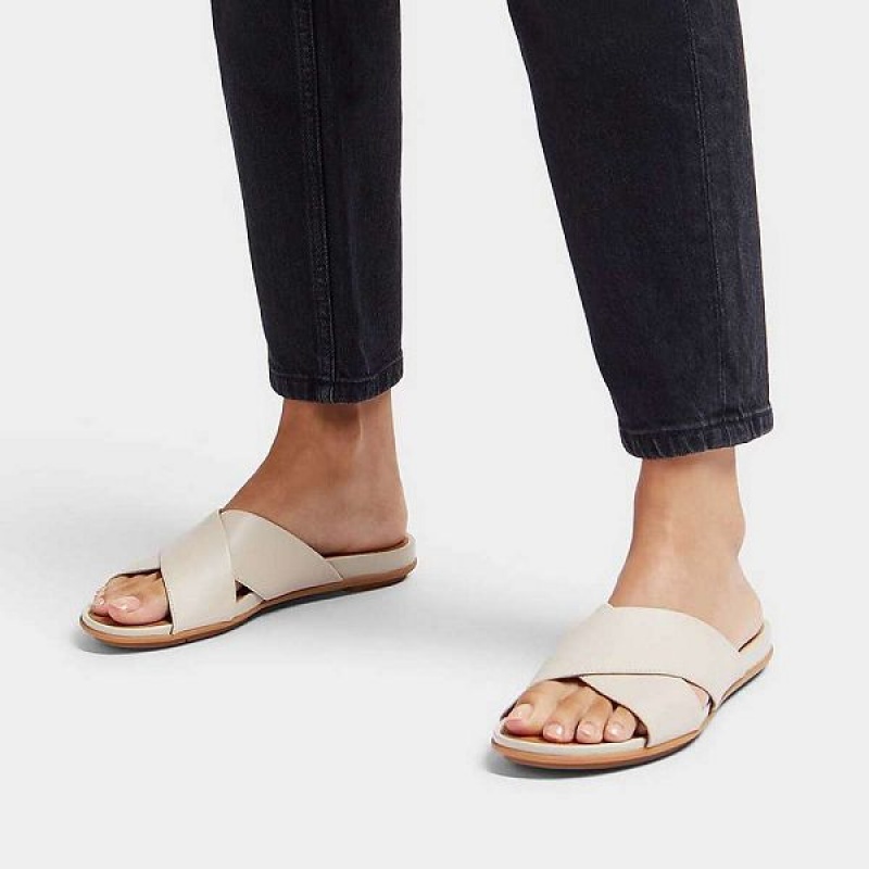 Women's FitFlop Gracie Leather Cross Slides Grey / Beige | 901UENDVX