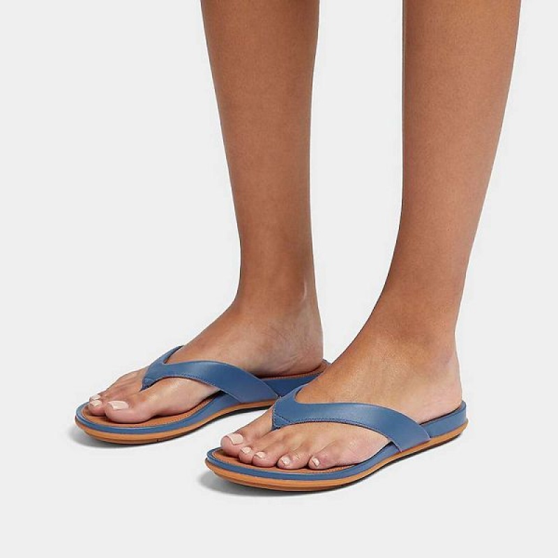 Women's FitFlop Gracie Leather Flip Flops Blue | 250ZQMTSI