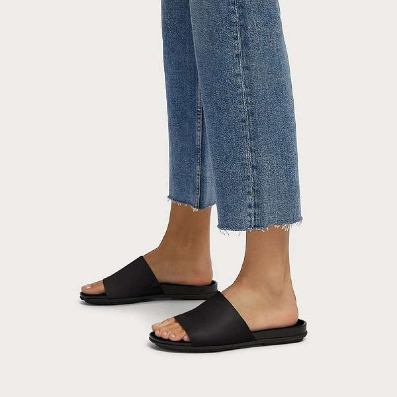 Women's FitFlop Gracie Leather Slides Black | 056XNFWJC