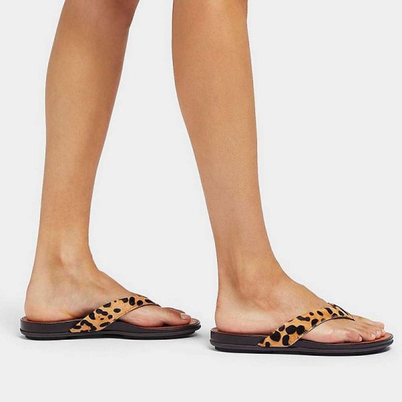 Women's FitFlop Gracie Leopard Print Leather Flip Flops Leopard | 301ZFEOQW