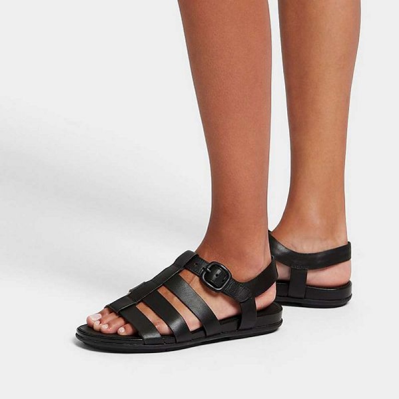 Women's FitFlop Gracie Matt Buckle Leather Fisherman Sandals Black | 621AWMHOR