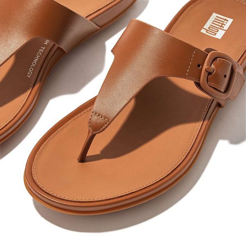 Women's FitFlop Gracie Matt Buckle Leather Toe-Post Sandals Brown | 058XUAEIP