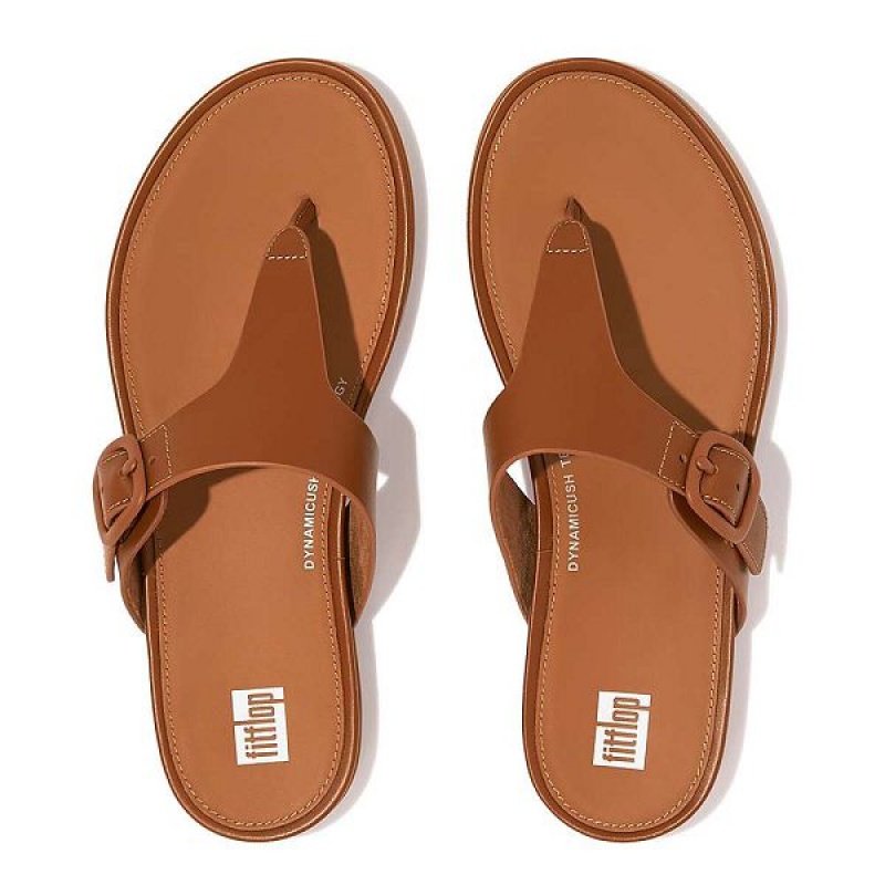 Women's FitFlop Gracie Matt Buckle Leather Toe-Post Sandals Brown | 058XUAEIP