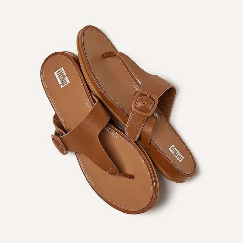 Women's FitFlop Gracie Matt Buckle Leather Toe-Post Sandals Brown | 058XUAEIP