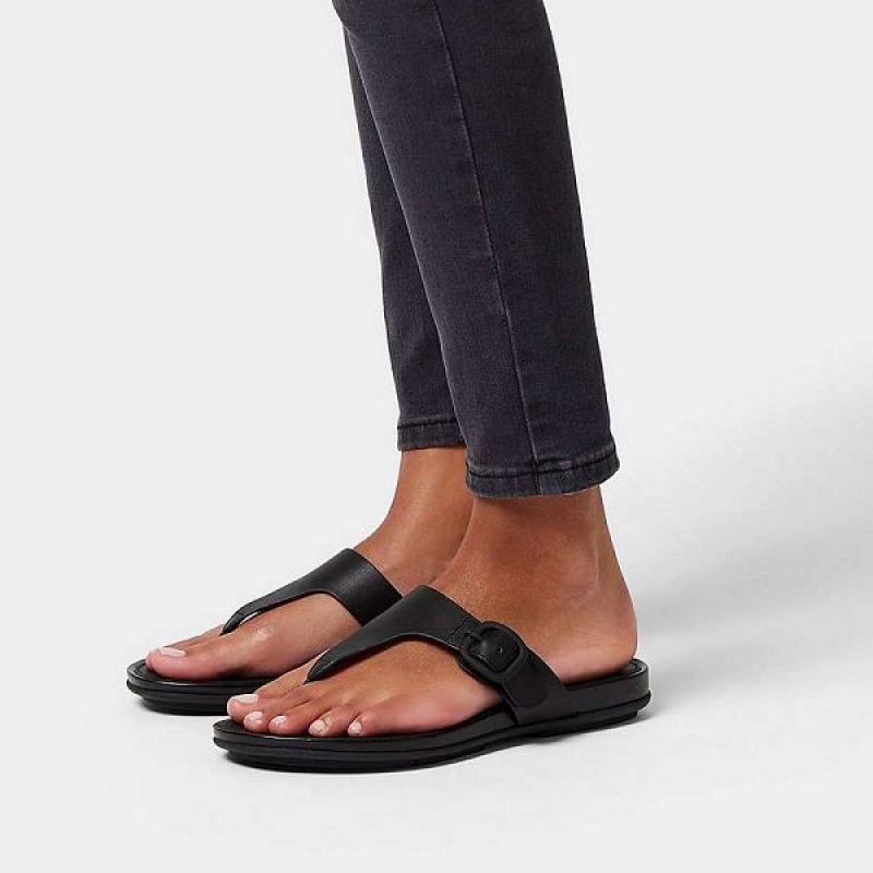 Women's FitFlop Gracie Matt Buckle Leather Toe-Post Sandals Black | 328UBPKLS