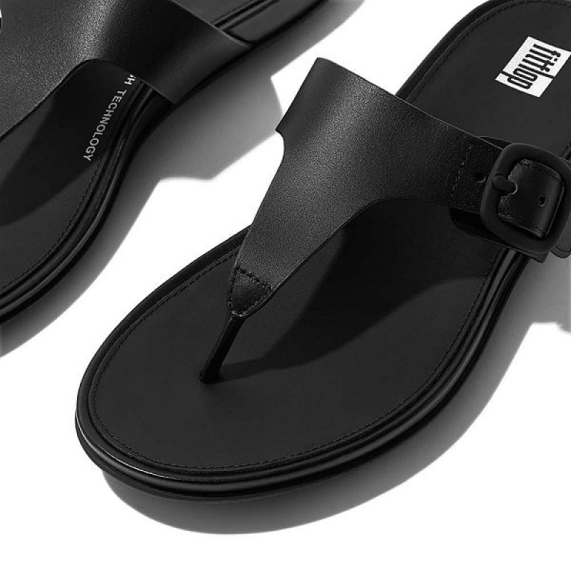 Women's FitFlop Gracie Matt Buckle Leather Toe-Post Sandals Black | 328UBPKLS