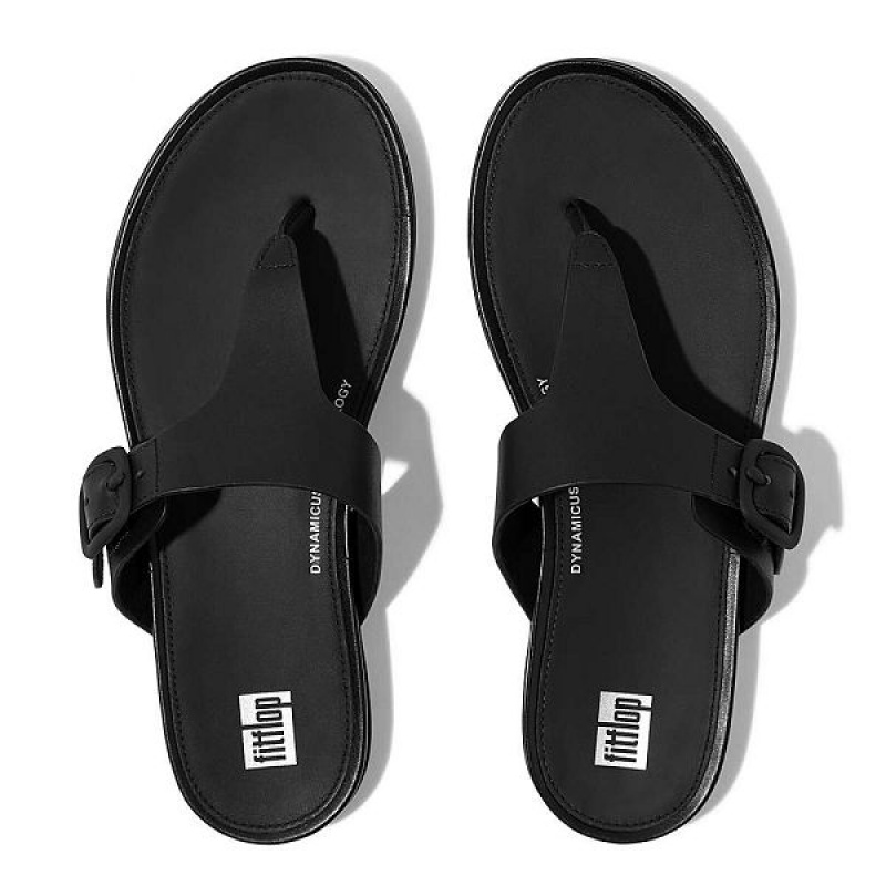 Women's FitFlop Gracie Matt Buckle Leather Toe-Post Sandals Black | 328UBPKLS