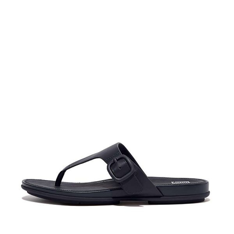 Women\'s FitFlop Gracie Matt Buckle Leather Toe-Post Sandals Navy | 849CYDUIW