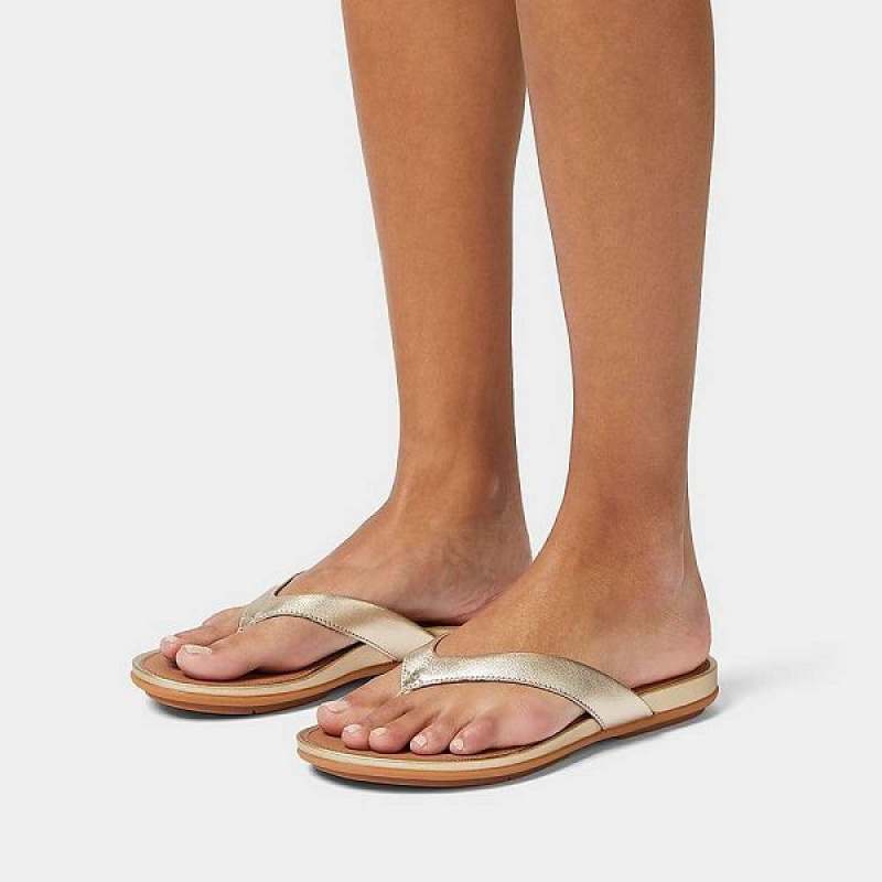 Women's FitFlop Gracie Metallic Leather Flip Flops Brown / Gold | 072ILCZDM