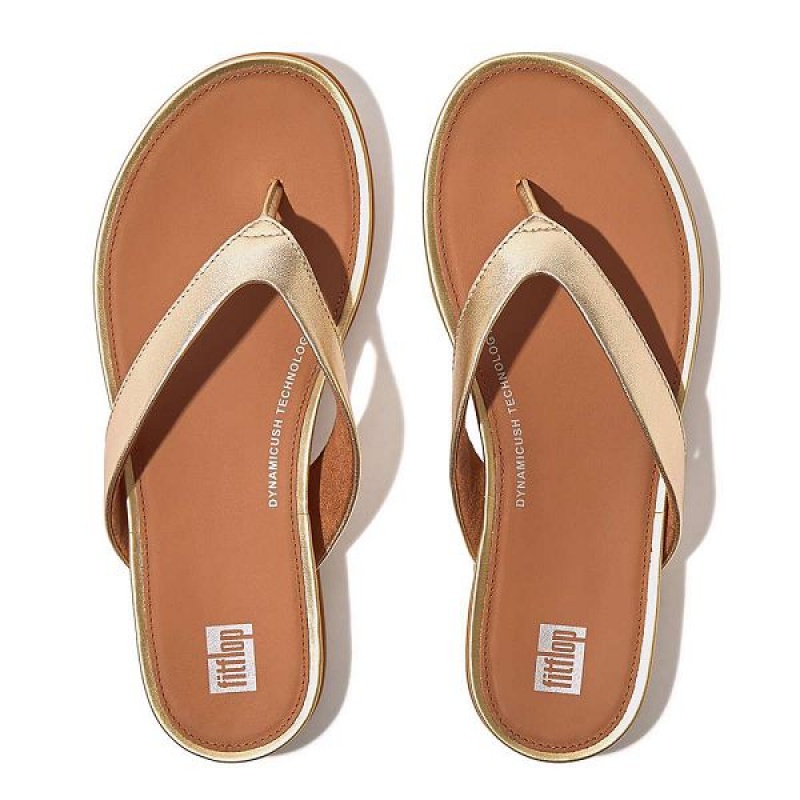 Women's FitFlop Gracie Metallic Leather Flip Flops Brown / Gold | 072ILCZDM