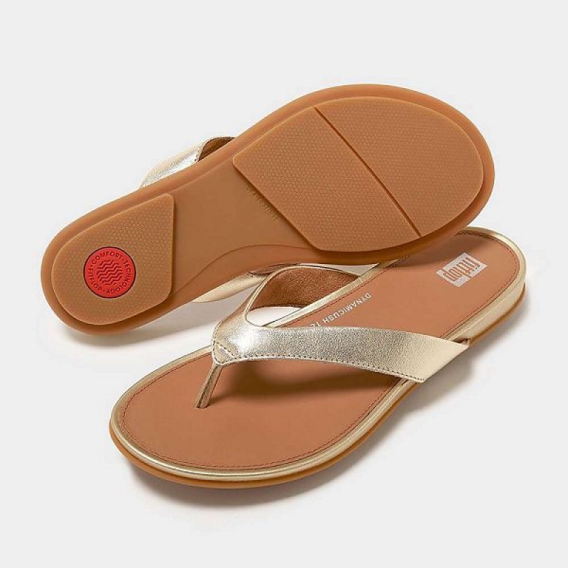 Women's FitFlop Gracie Metallic Leather Flip Flops Brown / Gold | 072ILCZDM