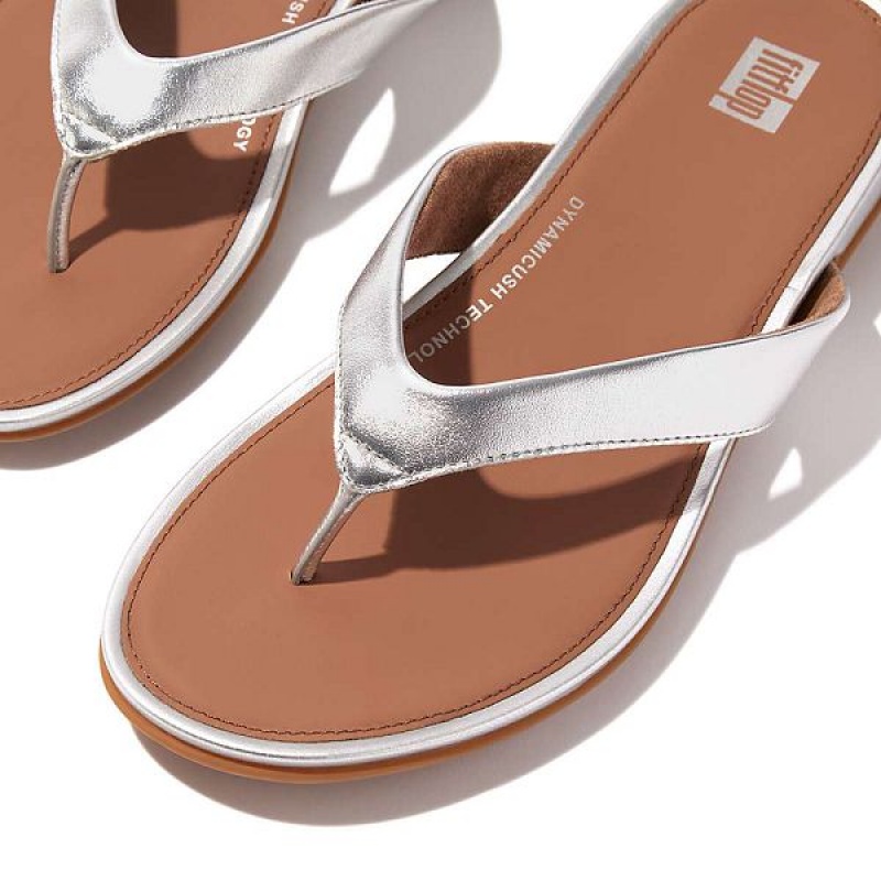 Women's FitFlop Gracie Metallic Leather Flip Flops Silver | 250VLAKUQ