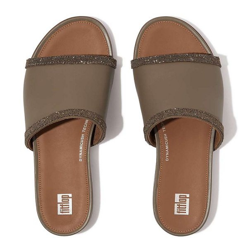 Women's FitFlop Gracie Opul Trim Leather Slides Grey | 506YNSJPT