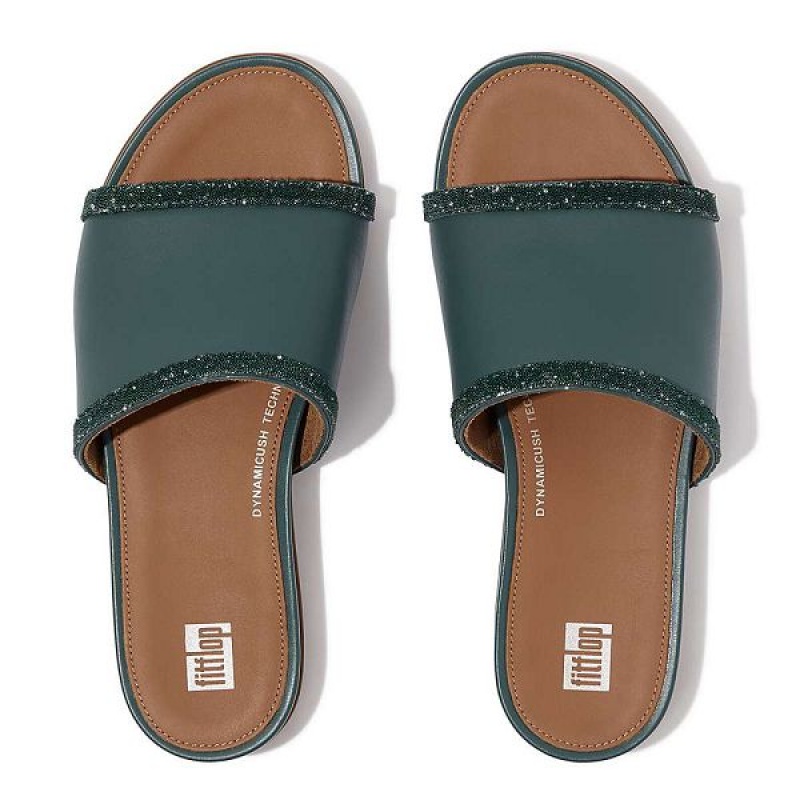 Women's FitFlop Gracie Opul Trim Leather Slides Grey / Blue | 243NPXFGM