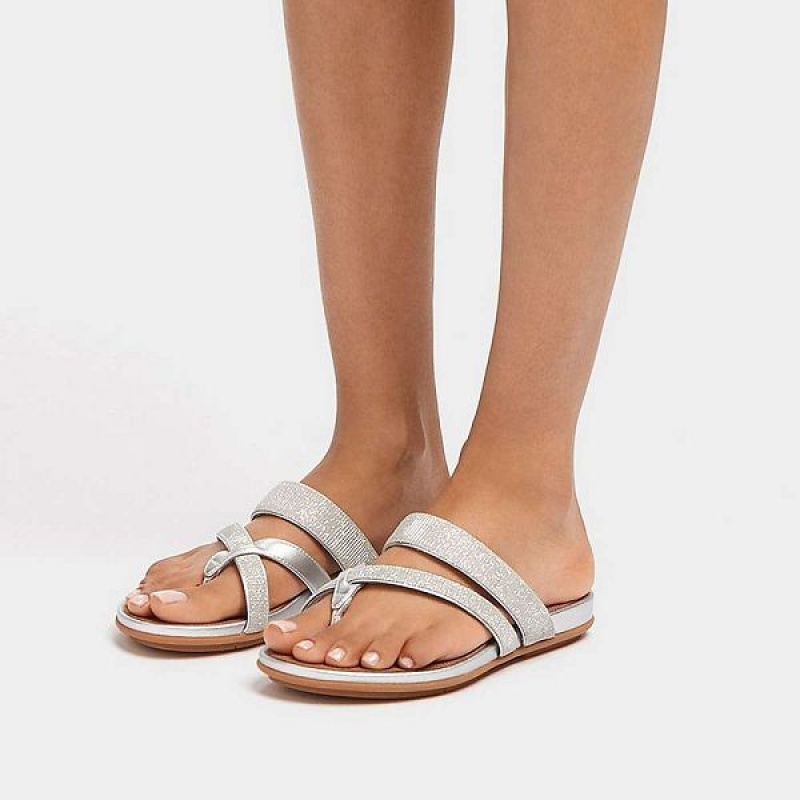 Women's FitFlop Gracie Shimmerlux Strappy Toe-Post Sandals Silver | 873MABIVN