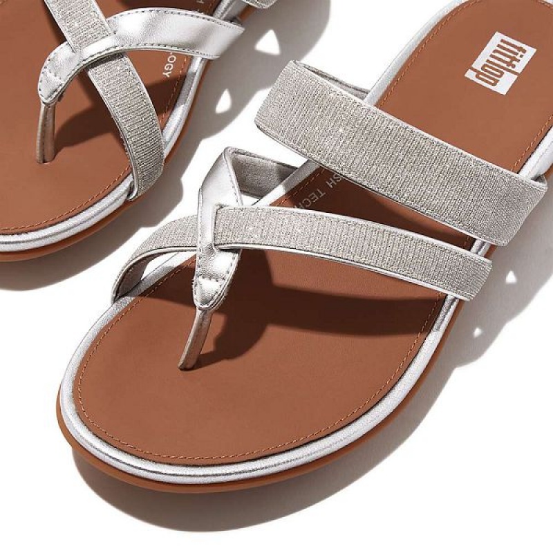 Women's FitFlop Gracie Shimmerlux Strappy Toe-Post Sandals Silver | 873MABIVN