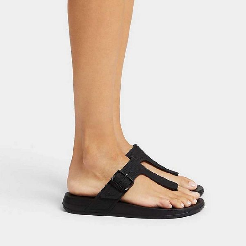 Women's FitFlop Iqushion Adjustable Buckle Flip Flops Black | 849QUXTSK