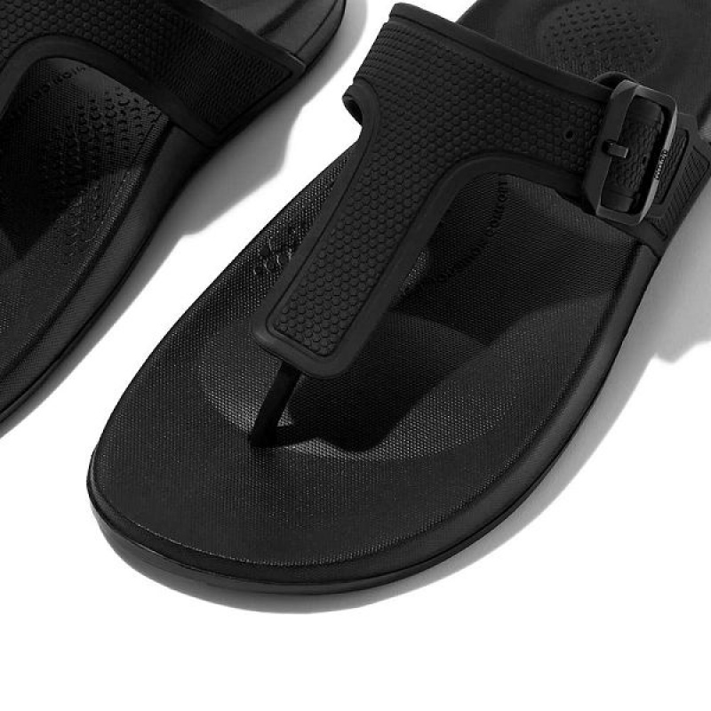 Women's FitFlop Iqushion Adjustable Buckle Flip Flops Black | 849QUXTSK