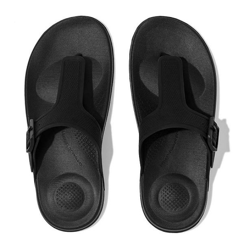 Women's FitFlop Iqushion Adjustable Buckle Flip Flops Black | 849QUXTSK