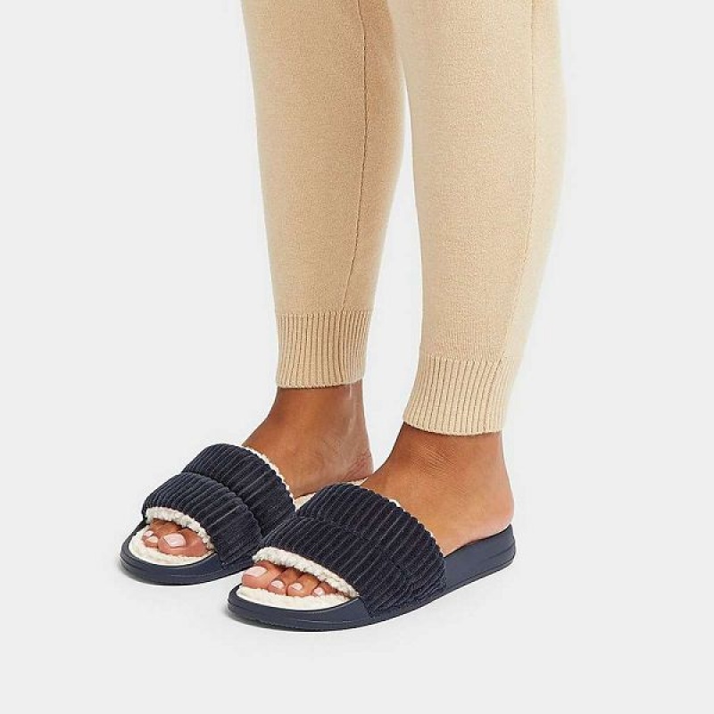 Women's FitFlop Iqushion Biofleece Lined Corduroy Slides Navy | 753GAQNCJ