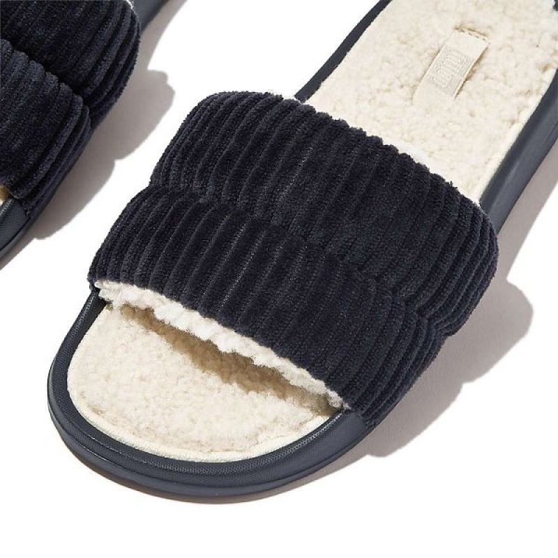 Women's FitFlop Iqushion Biofleece Lined Corduroy Slides Navy | 753GAQNCJ