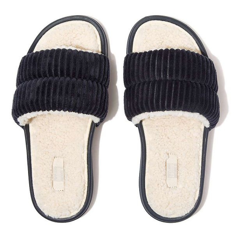 Women's FitFlop Iqushion Biofleece Lined Corduroy Slides Navy | 753GAQNCJ