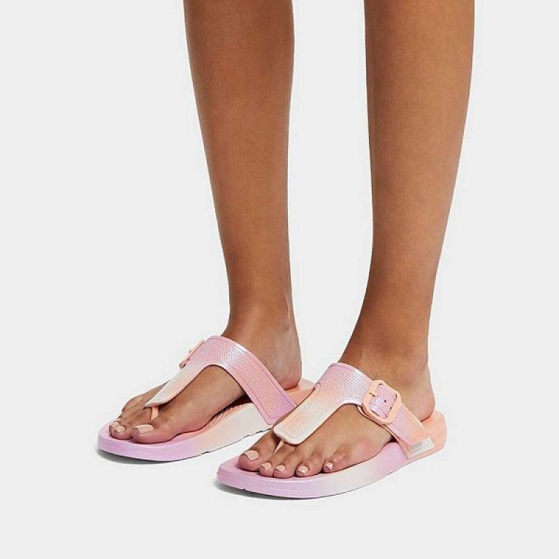 Women's FitFlop Iqushion Iridescent Adjustable Buckle Flip Flops White | 624UJEKAP