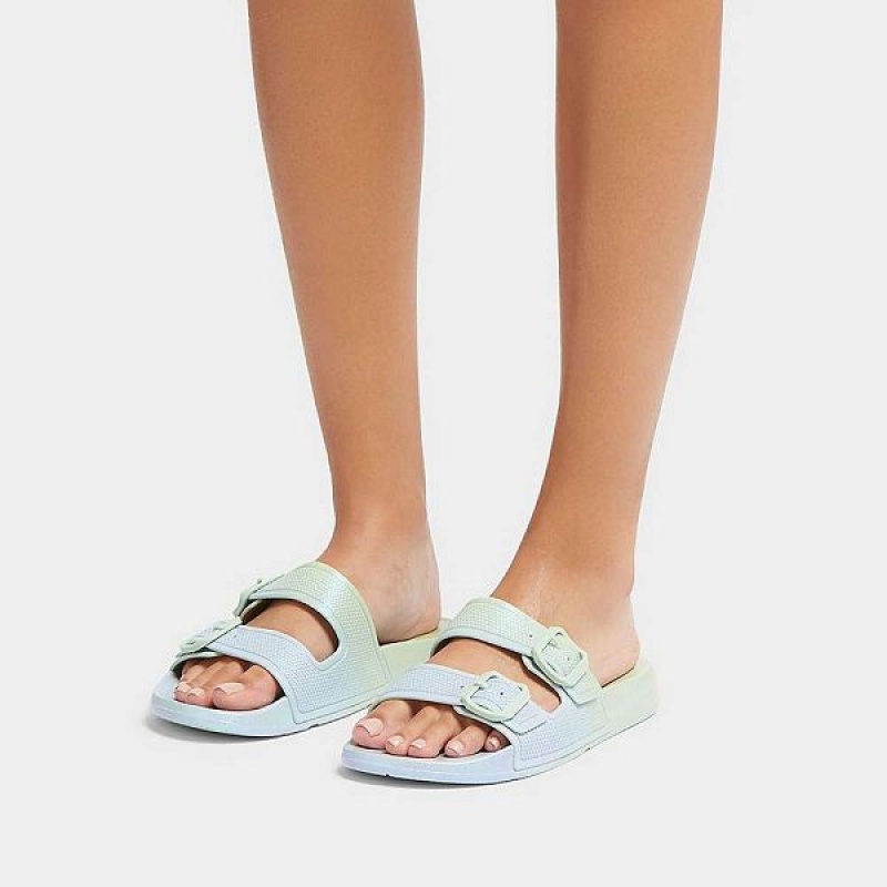 Women's FitFlop Iqushion Iridescent Two Bar Buckle Sliders Slides Blue | 248ICPERM