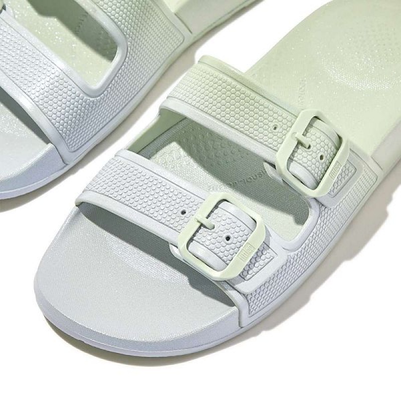 Women's FitFlop Iqushion Iridescent Two Bar Buckle Sliders Slides Blue | 248ICPERM