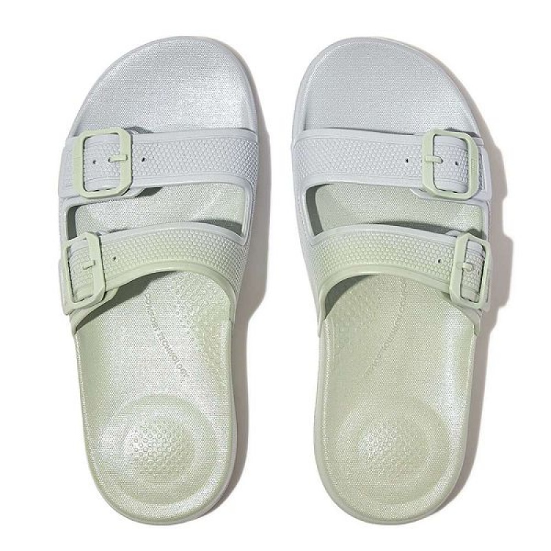 Women's FitFlop Iqushion Iridescent Two Bar Buckle Sliders Slides Blue | 248ICPERM