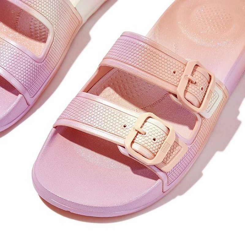 Women's FitFlop Iqushion Iridescent Two Bar Buckle Sliders Slides White | 142HYJCZE