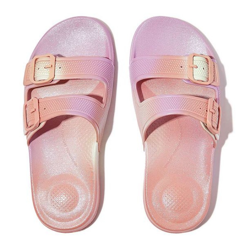 Women's FitFlop Iqushion Iridescent Two Bar Buckle Sliders Slides White | 142HYJCZE