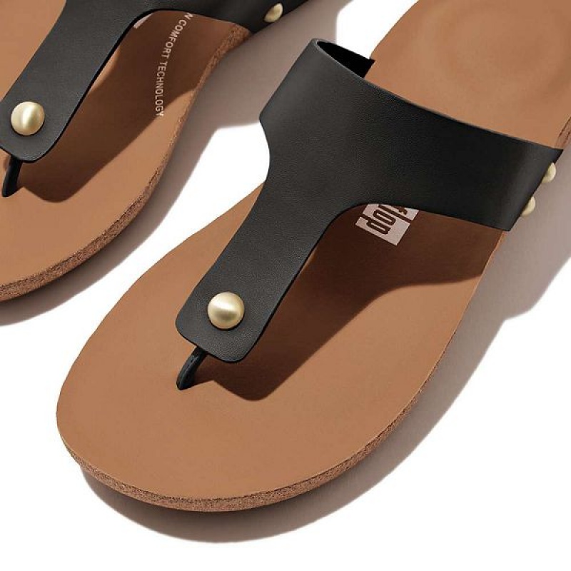 Women's FitFlop Iqushion Leather Toe-Post Sandals Black | 745XINQWO