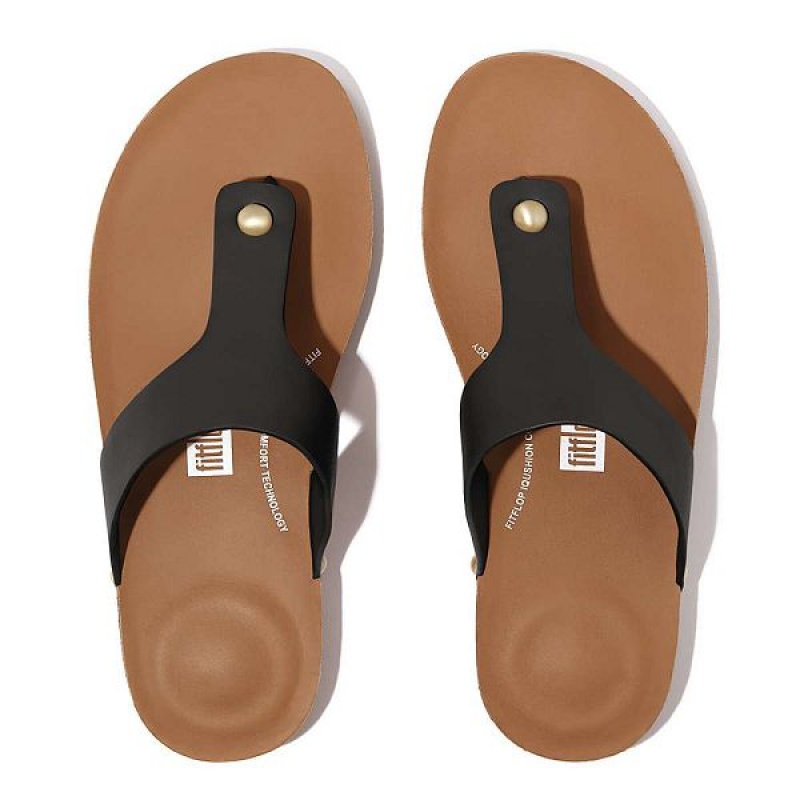 Women's FitFlop Iqushion Leather Toe-Post Sandals Black | 745XINQWO