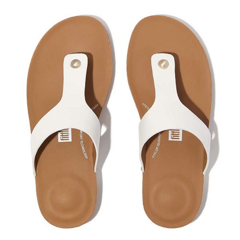 Women's FitFlop Iqushion Leather Toe-Post Sandals White | 129KATENG