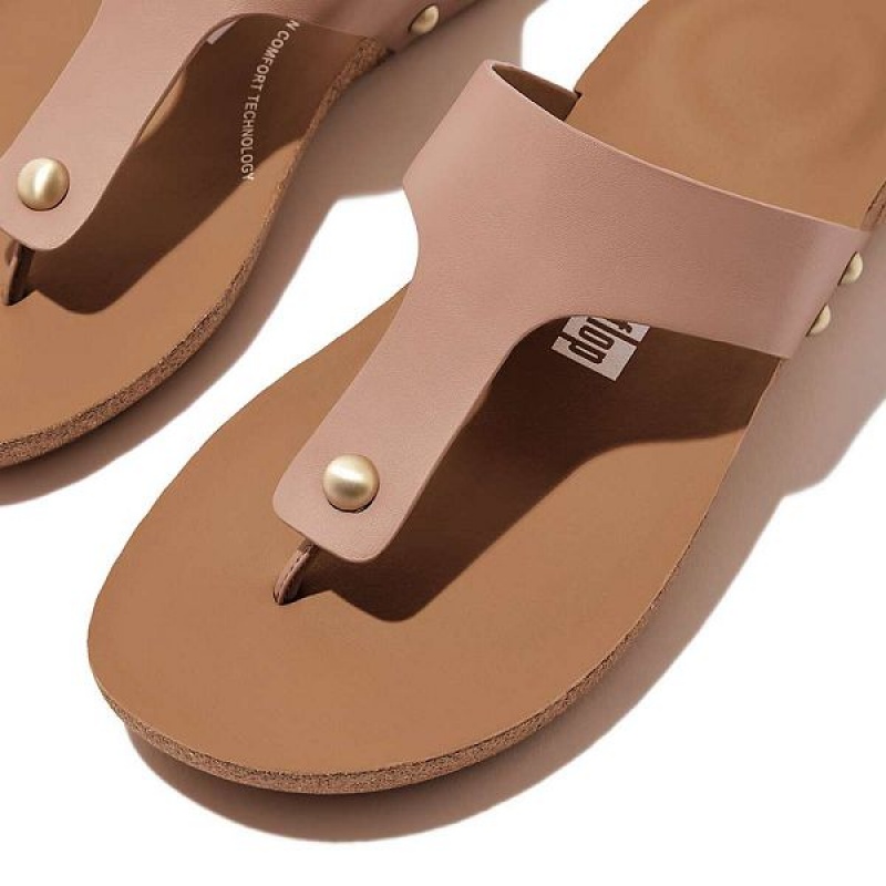 Women's FitFlop Iqushion Leather Toe-Post Sandals Beige | 068WUPYJQ