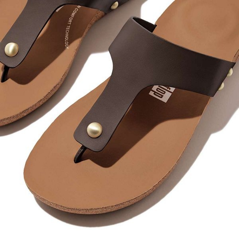 Women's FitFlop Iqushion Leather Toe-Post Sandals Brown | 870SHPWZE