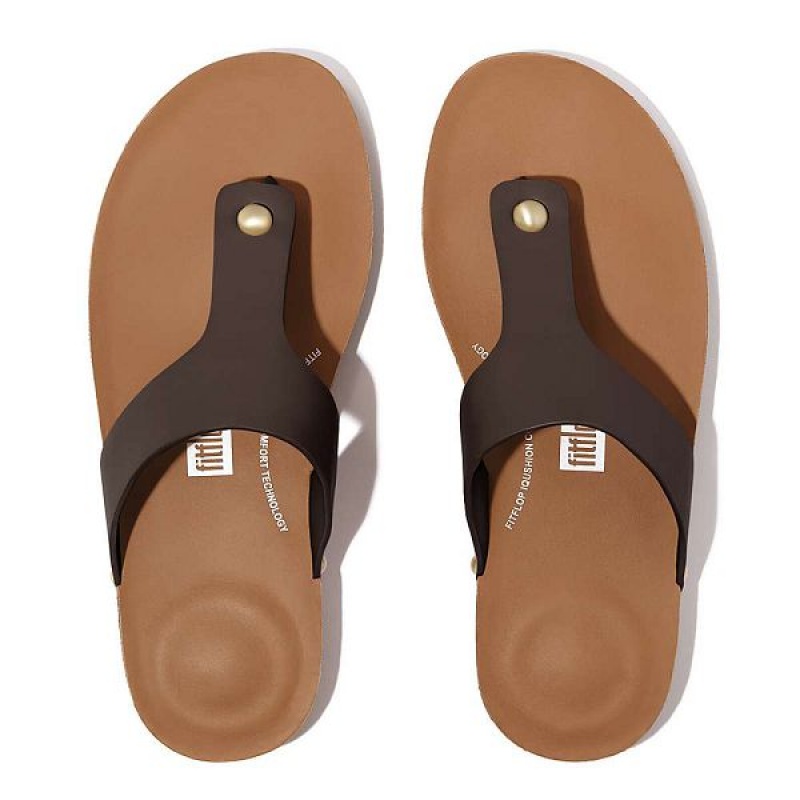 Women's FitFlop Iqushion Leather Toe-Post Sandals Brown | 870SHPWZE