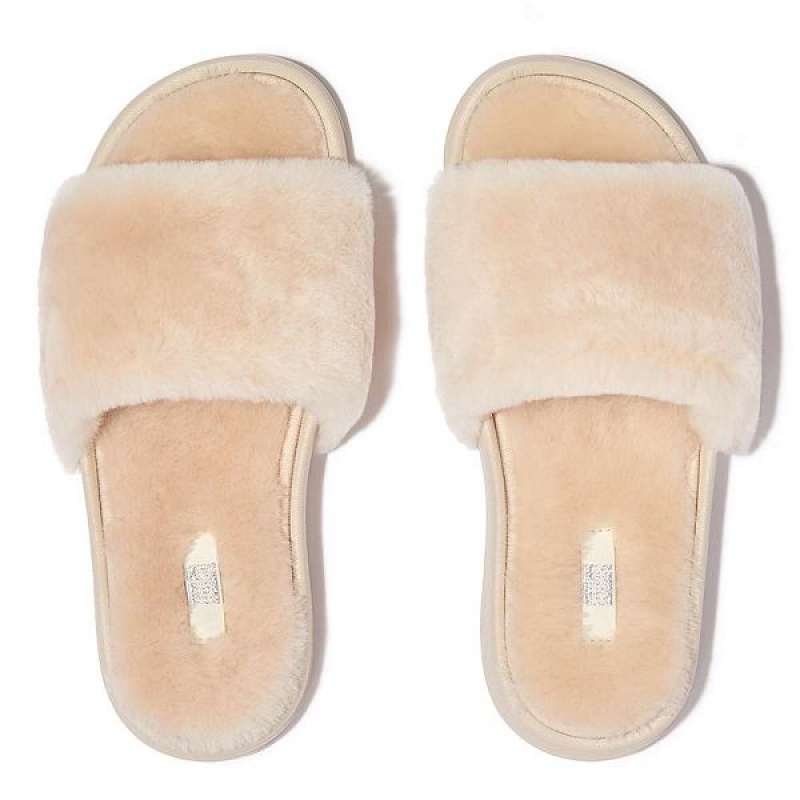 Women's FitFlop Iqushion Shearling Slides White | 873FIJTLZ