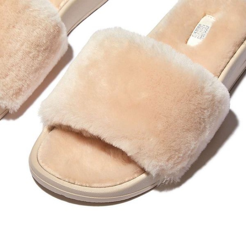 Women's FitFlop Iqushion Shearling Slides White | 873FIJTLZ