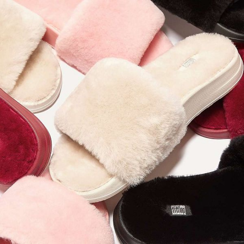 Women's FitFlop Iqushion Shearling Slides White | 873FIJTLZ