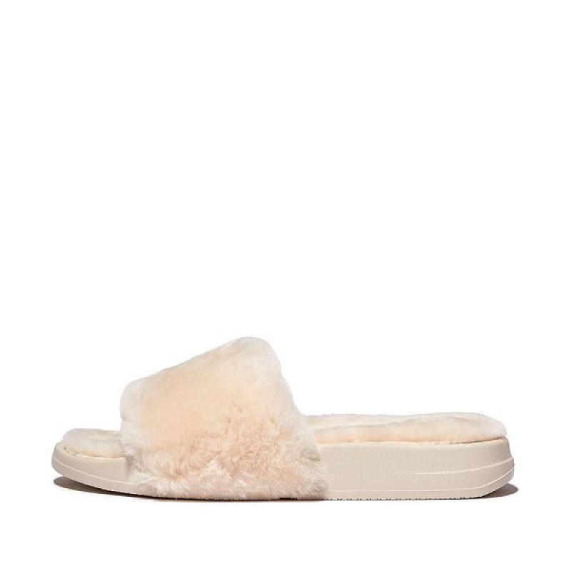 Women\'s FitFlop Iqushion Shearling Slides White | 873FIJTLZ