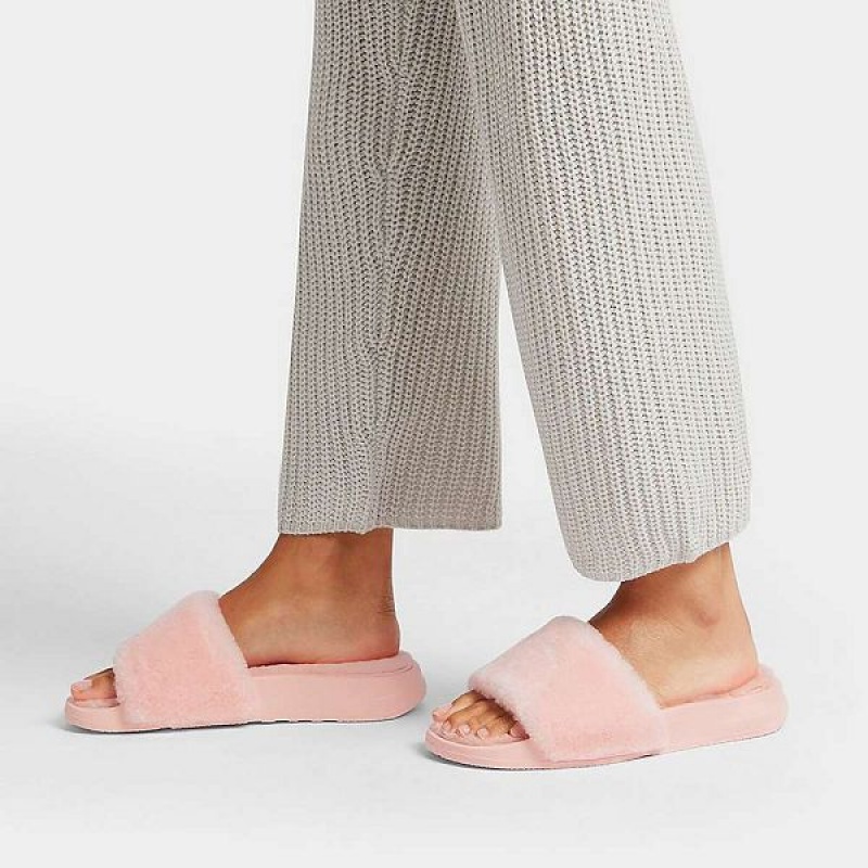 Women's FitFlop Iqushion Shearling Slides Pink / Light Blue | 784NRQGBK