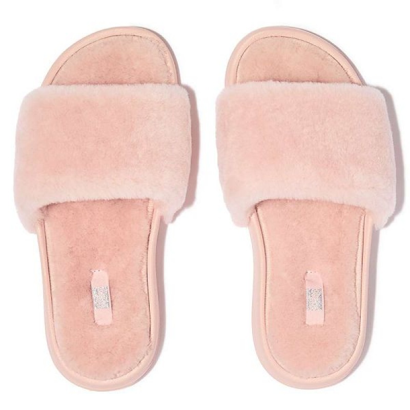 Women's FitFlop Iqushion Shearling Slides Pink / Light Blue | 784NRQGBK