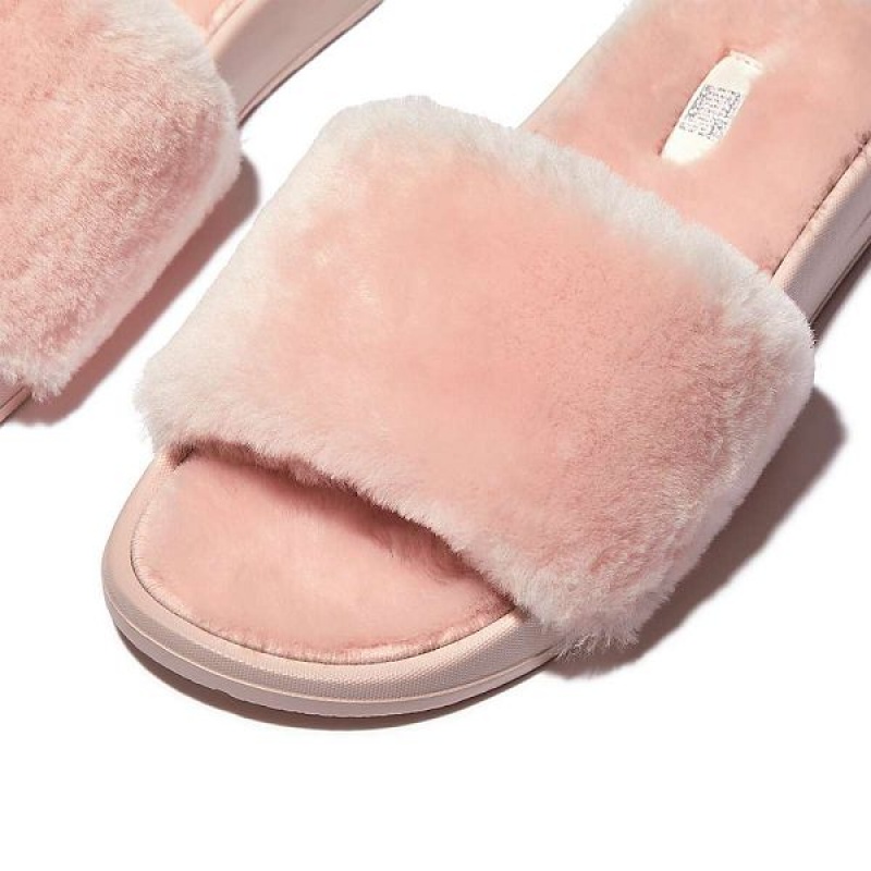 Women's FitFlop Iqushion Shearling Slides Pink / Light Blue | 784NRQGBK