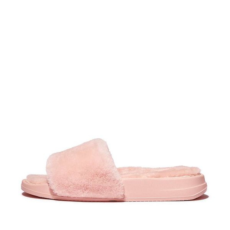 Women\'s FitFlop Iqushion Shearling Slides Pink / Light Blue | 784NRQGBK