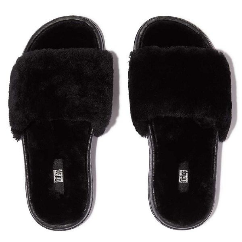 Women's FitFlop Iqushion Shearling Slides Black | 281KGDPNC