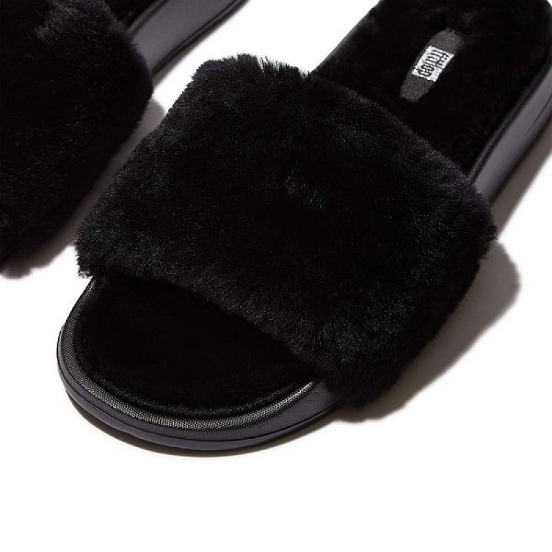 Women's FitFlop Iqushion Shearling Slides Black | 281KGDPNC