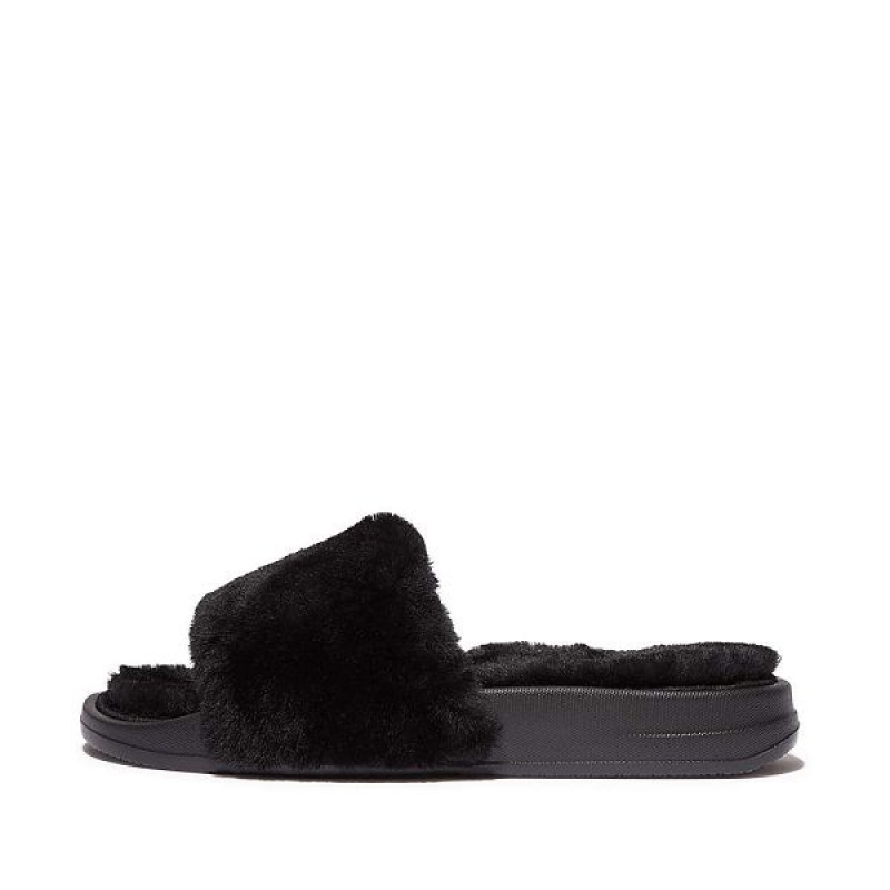 Women\'s FitFlop Iqushion Shearling Slides Black | 281KGDPNC