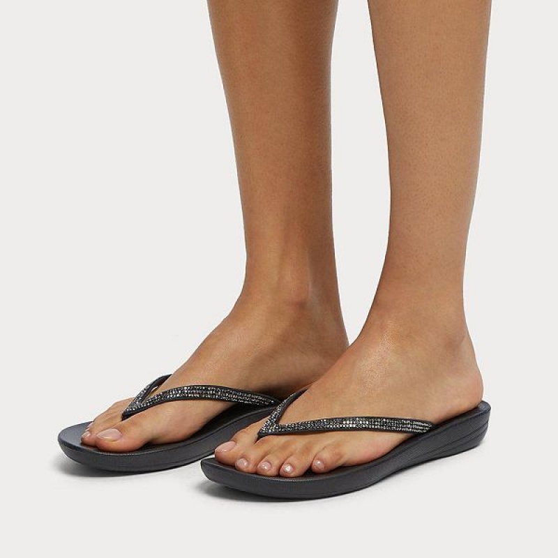 Women's FitFlop Iqushion Sparkle Ergonomic Flip Flops Black | 549YBDOJQ